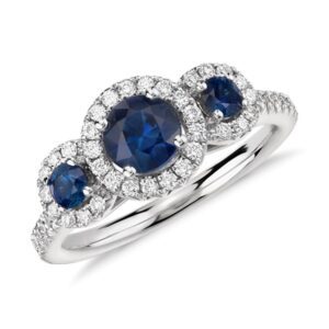 Isola Sapphire and Diamond Halo Three Stone Ring in 14k White Gold (5mm)