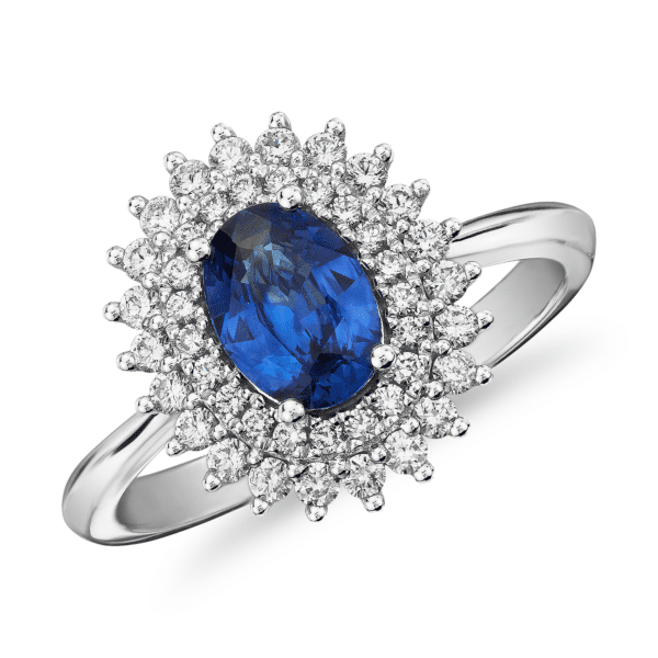Oval Sapphire Ring with Double Sunburst Diamond Halo in 14k White Gold (7x5mm)