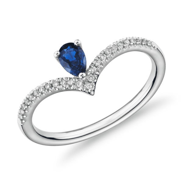 Pear-Shaped Sapphire and Diamond Chevron Ring in 14k White Gold (5x3mm)