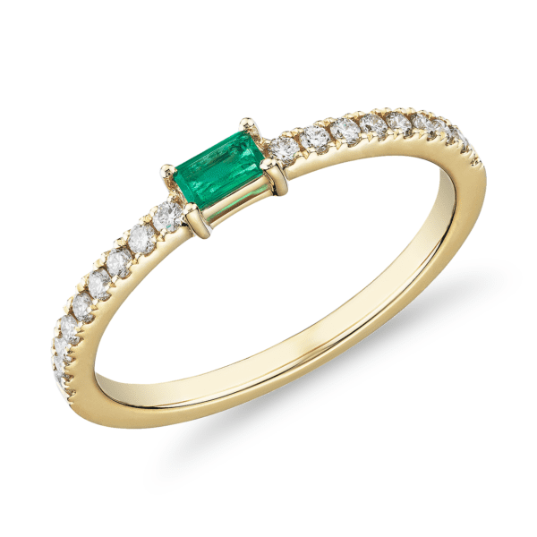Baguette Emerald and Diamond Pave Stacking Ring in 14k Yellow Gold (3.5x2mm)
