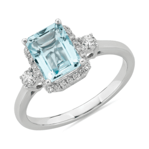 Aquamarine Ring with Diamond Halo in 14k White Gold