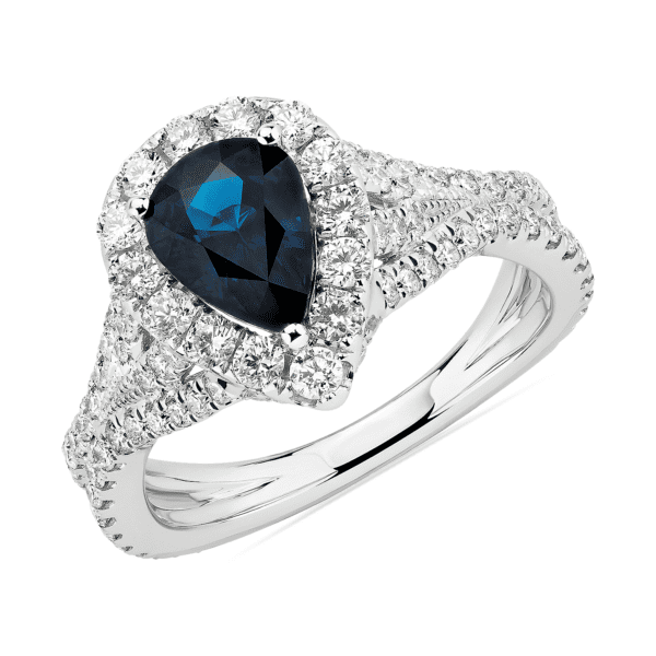 Pear-Shaped Sapphire and Diamond Ring in 14k White Gold