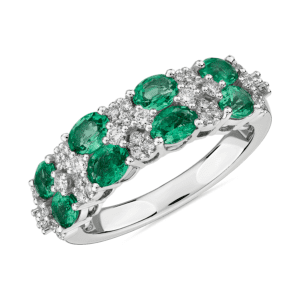 Oval Emerald & Round Diamond Double Row Ring in 14k White Gold