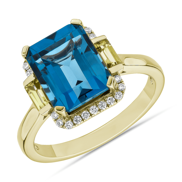 London Blue Topaz and Peridot Octagon Ring in 14k Yellow Gold