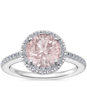 Classic Halo Diamond Engagement Ring with Round Morganite in 14k White Gold (8mm)
