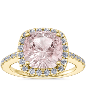 Classic Halo Diamond Engagement Ring with Cushion Morganite in 14k Yellow Gold (8mm)