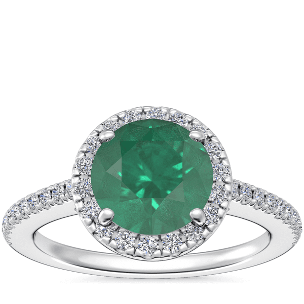 Classic Halo Diamond Engagement Ring with Round Emerald in Platinum (8mm)