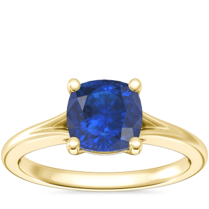 Petite Split Shank Solitaire Engagement Ring with Cushion Sapphire in 14k Yellow Gold (6mm)