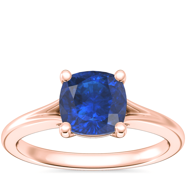 Petite Split Shank Solitaire Engagement Ring with Cushion Sapphire in 14k Rose Gold (6mm)