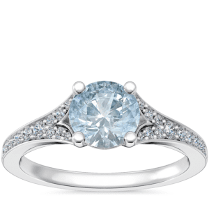 Petite Split Shank Pave Cathedral Engagement Ring with Round Aquamarine in 14k White Gold (6.5mm)