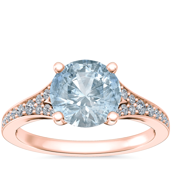 Petite Split Shank Pave Cathedral Engagement Ring with Round Aquamarine in 14k Rose Gold (8mm)