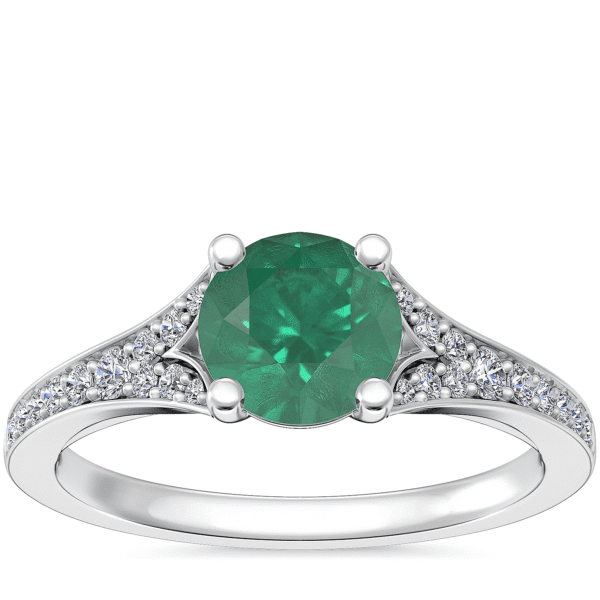Petite Split Shank Pave Cathedral Engagement Ring with Round Emerald in Platinum (6.5mm)