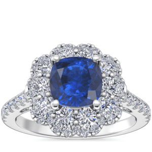Vintage Diamond Halo Engagement Ring with Cushion Sapphire in 14k White Gold (6mm)