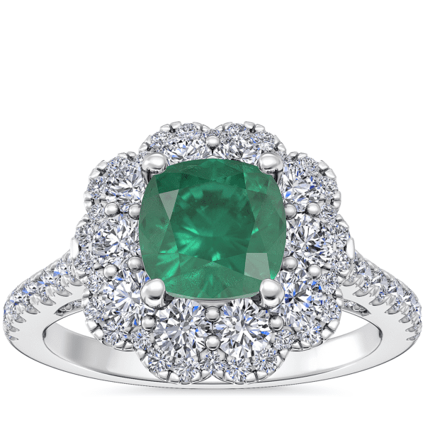 Vintage Diamond Halo Engagement Ring with Cushion Emerald in 14k White Gold (6.5mm)