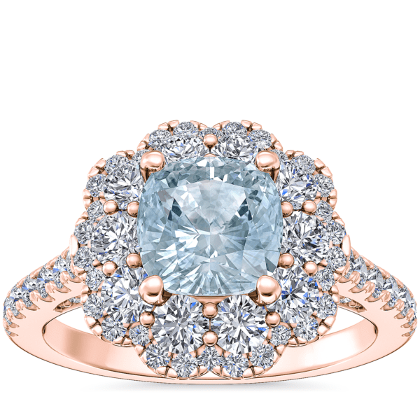 Vintage Diamond Halo Engagement Ring with Cushion Aquamarine in 14k Rose Gold (6.5mm)
