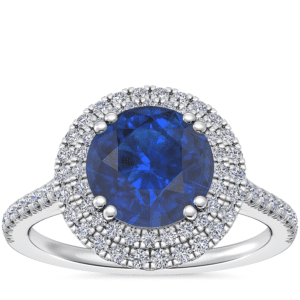 Micropave Double Halo Diamond Engagement Ring with Round Sapphire in 14k White Gold (8mm)