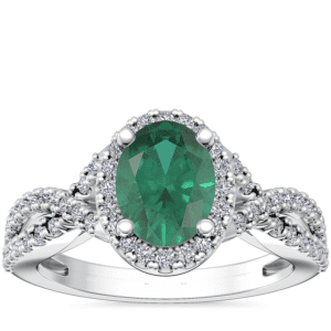 Twist Halo Diamond Engagement Ring with Oval Emerald in 14k White Gold (8x6mm)