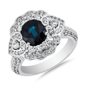 Ornate Blue Sapphire and Diamond Ring in 18k White Gold