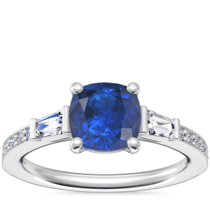 Tapered Baguette Diamond Cathedral Engagement Ring with Cushion Sapphire in 14k White Gold (6mm)