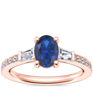 Tapered Baguette Diamond Cathedral Engagement Ring with Oval Sapphire in 14k Rose Gold (7x5mm)