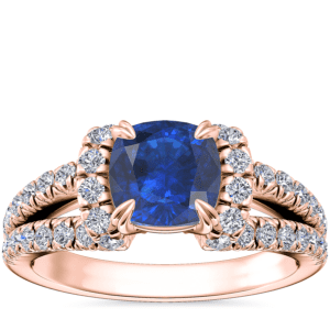 Split Semi Halo Diamond Engagement Ring with Cushion Sapphire in 14k Rose Gold (6mm)