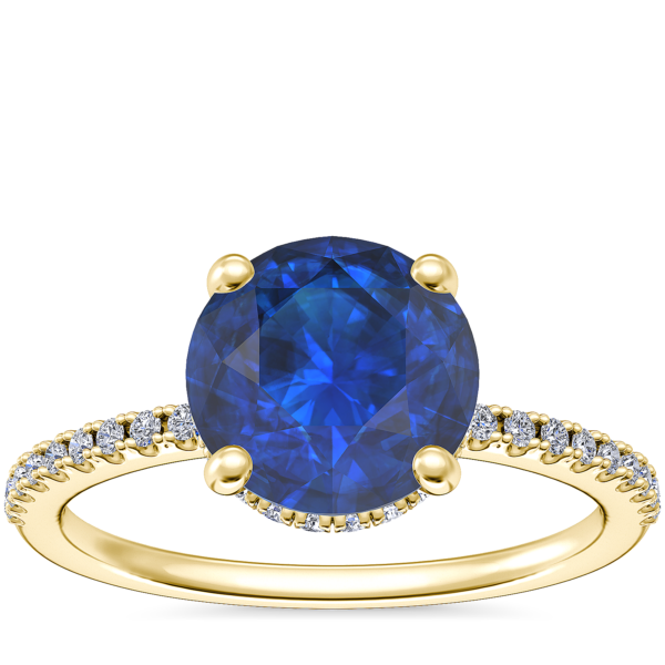 Petite Micropave Hidden Halo Engagement Ring with Round Sapphire in 14k Yellow Gold (8mm)