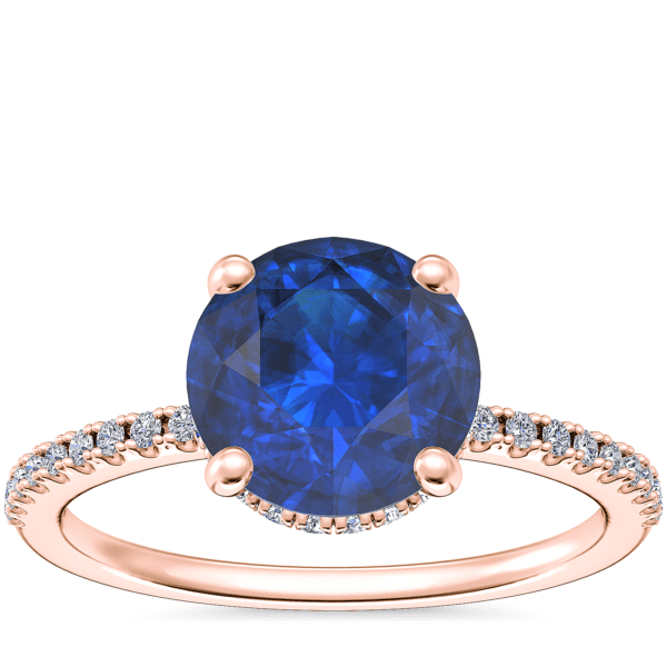 Petite Micropave Hidden Halo Engagement Ring with Round Sapphire in 14k Rose Gold (8mm)
