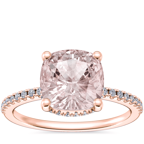 Petite Micropave Hidden Halo Engagement Ring with Cushion Morganite in 14k Rose Gold (8mm)