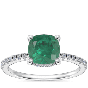 Petite Micropave Hidden Halo Engagement Ring with Cushion Emerald in Platinum (6.5mm)