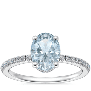 Petite Micropave Hidden Halo Engagement Ring with Oval Aquamarine in Platinum (8x6mm)