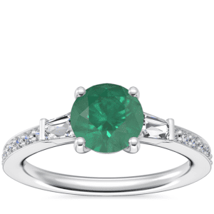 Tapered Baguette Diamond Cathedral Engagement Ring with Round Emerald in Platinum (6.5mm)