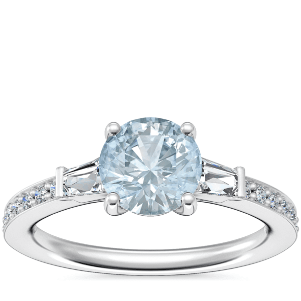 Tapered Baguette Diamond Cathedral Engagement Ring with Round Aquamarine in Platinum (6.5mm)