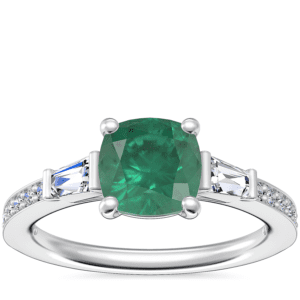 Tapered Baguette Diamond Cathedral Engagement Ring with Cushion Emerald in Platinum (6.5mm)