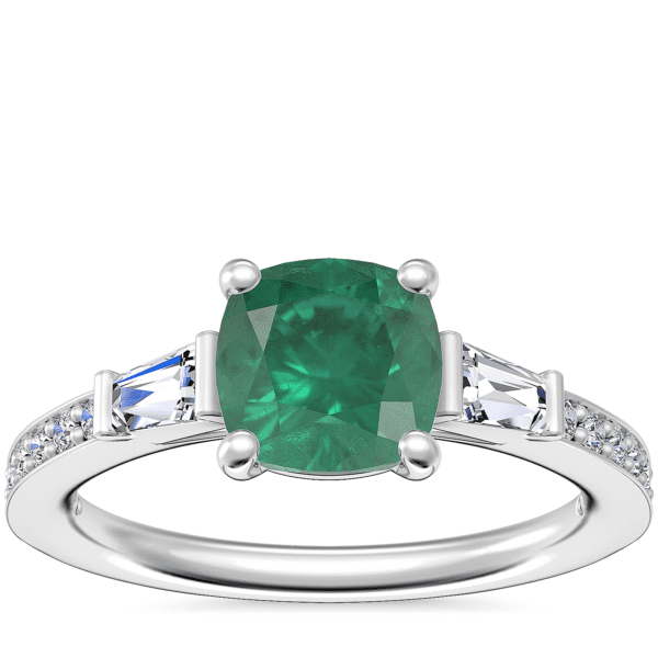Tapered Baguette Diamond Cathedral Engagement Ring with Cushion Emerald in Platinum (6.5mm)