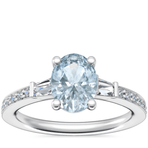 Tapered Baguette Diamond Cathedral Engagement Ring with Oval Aquamarine in Platinum (8x6mm)
