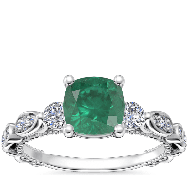 Floral Ellipse Diamond Cathedral Engagement Ring with Cushion Emerald in Platinum (6.5mm)
