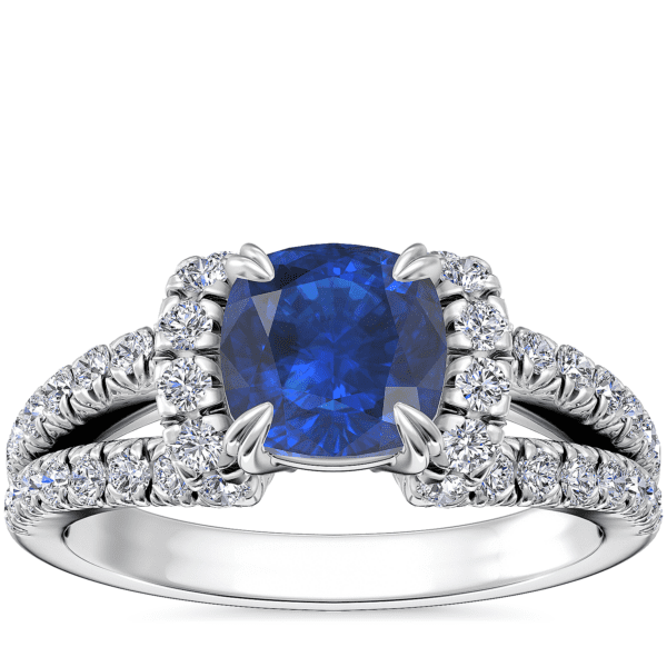 Split Semi Halo Diamond Engagement Ring with Cushion Sapphire in Platinum (6mm)