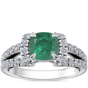 Split Semi Halo Diamond Engagement Ring with Cushion Emerald in Platinum (6.5mm)