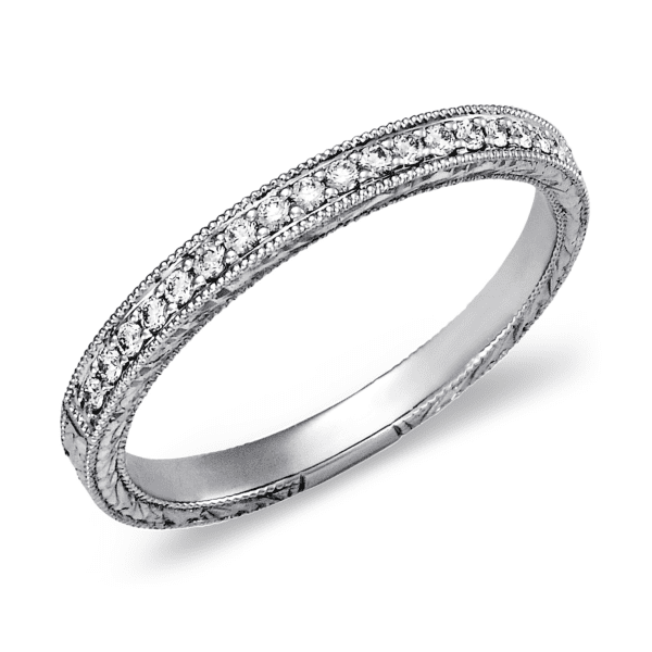 Hand-Engraved Micropave Diamond Ring in 14k White Gold (1/8 ct. tw.)